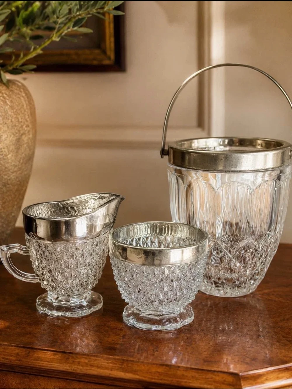 Vintage Cut Glass Ice Bucket, Creamer and Sugar Set with Silver Trim